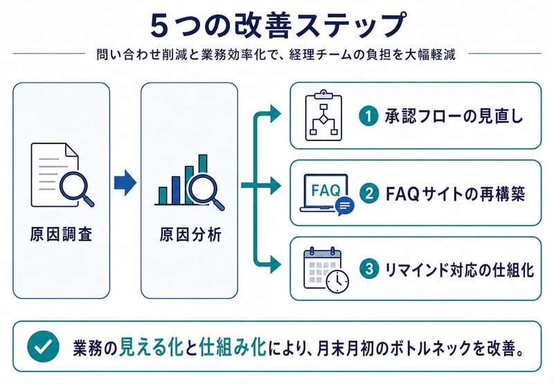 経理業務の負担軽減に向けた5つの改善ステップを示した図