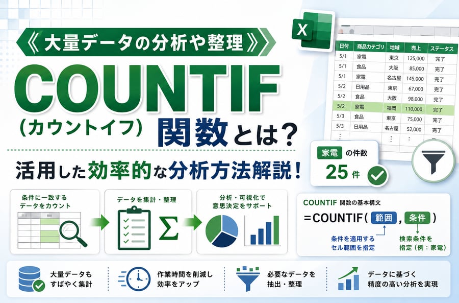 《大量データの分析や整理》COUNTIF（カウントイフ）関数とは？活用した効率的な分析方法解説！