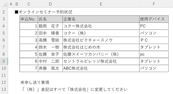 オンラインセミナーの予約表