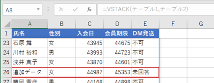 VSTACK関数の配列に追加したデータが反映される