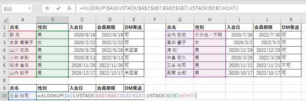 VSTACK関数を利用して、「VSTACK(B2:B7,H2:H7)」と入力し数式を確定