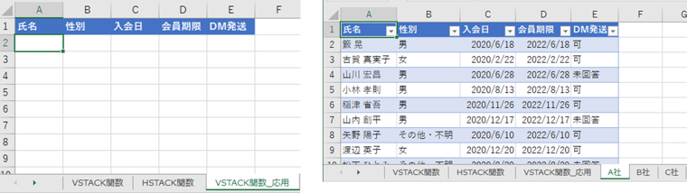 【A2】セルを起点に「VSTACK関数_応用」シートの右側の、A社・B社・C社の表を結合して表示